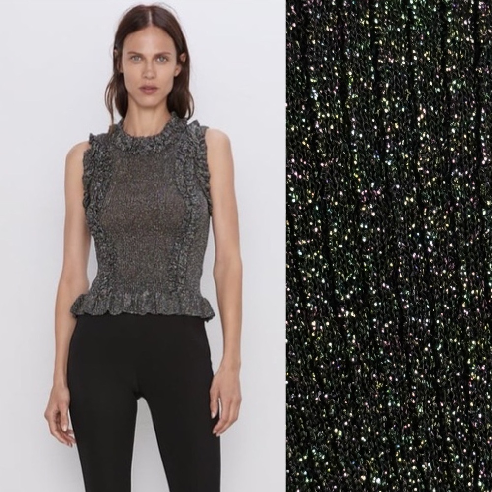 Zara Metallic Ruffle Mock Neck Tank Top in Black with Iridescent Sparkle